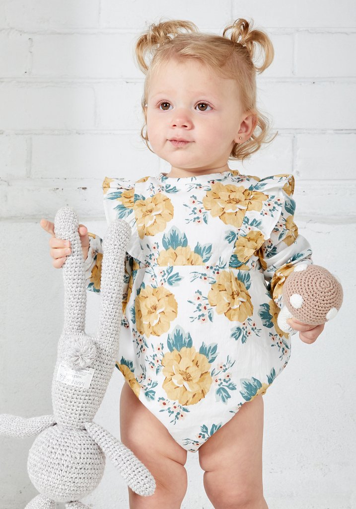 Miann & Co Baby Bodysuit - Mustard Floral Long Sleeve